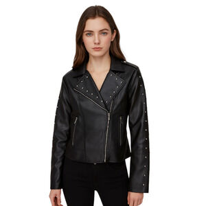 BB Dakota Steve Madden Womens Faux Leather Biker Moto Jacket XS Black Pearl Stud